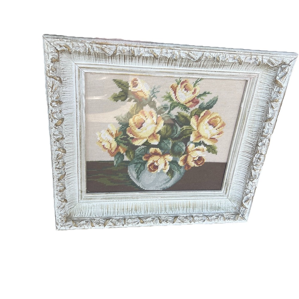 1970s Vintage Framed Needlepoint Floral Art 17X20 Inches Spring Theme Yellow